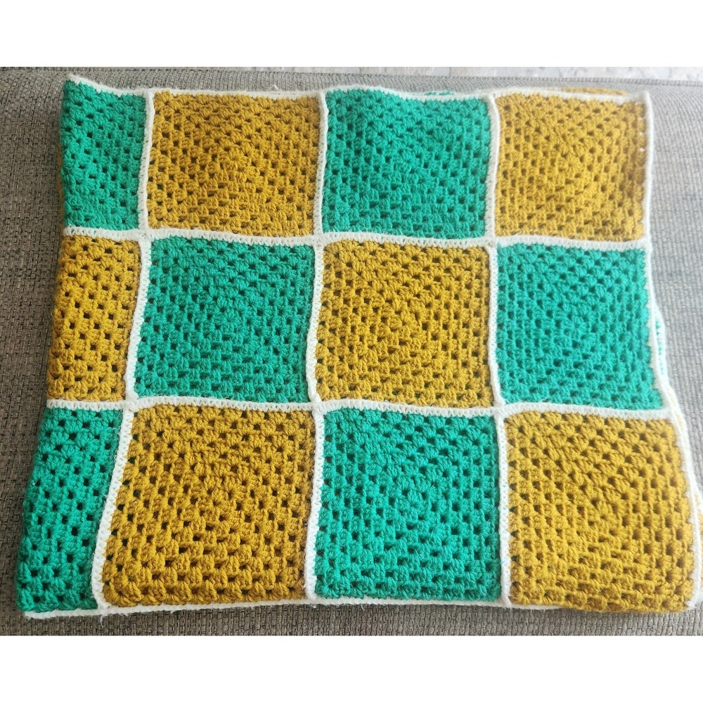 Vintage Handmade‎ Crochet Granny Square Afghan Throw Green Gold White 50x43